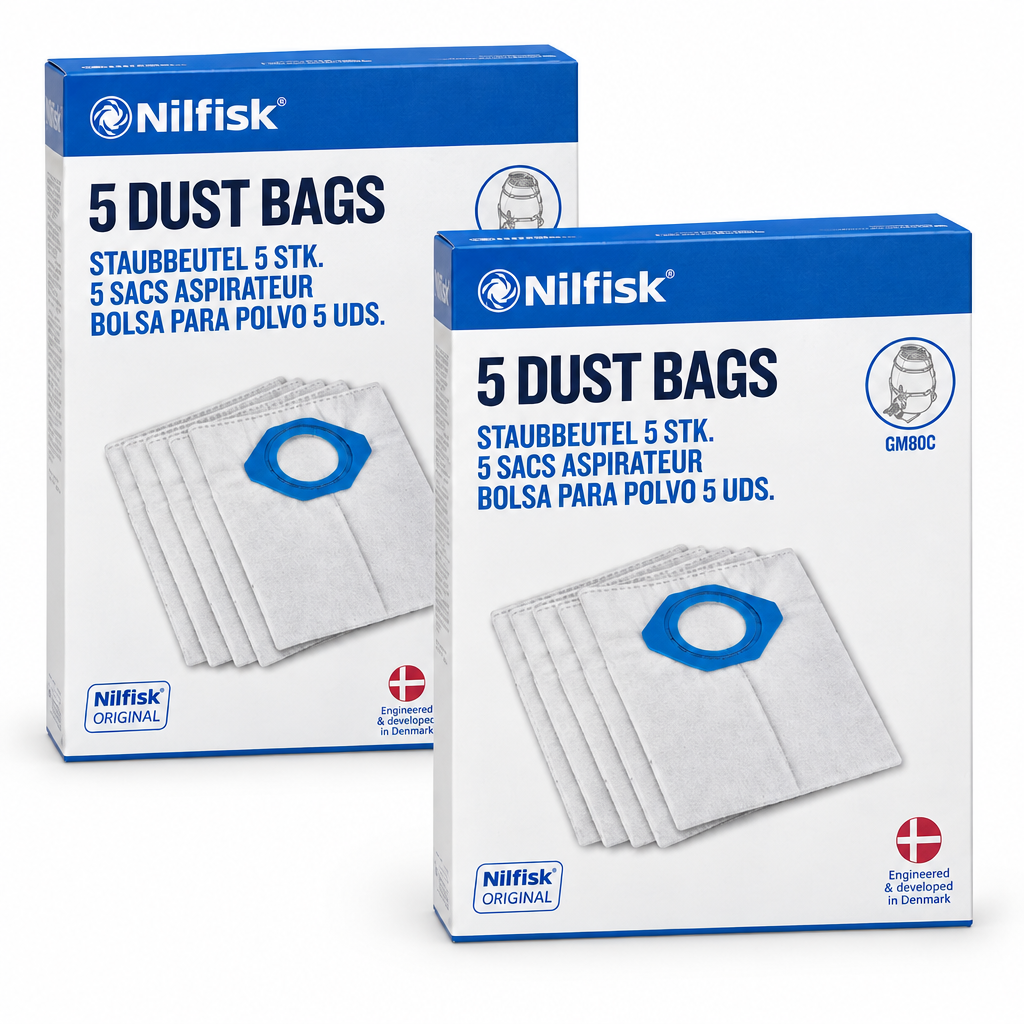 Deux boîtes de 5 sacs Nilfisk pour aspirateur GM80C, soit 10 sacs au total