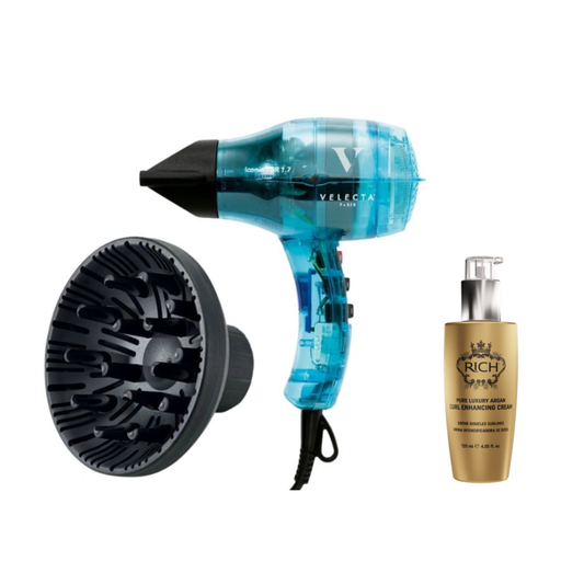 Routine Boucles Complète – Velecta + Diffuseur + Crème Boucles Rich Hair Care (-30%)